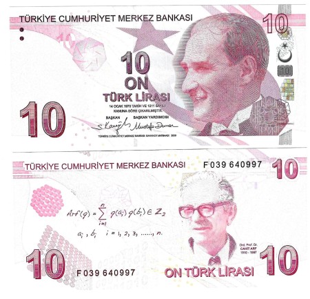 Turecko 10 Türk Lirası 2009 (2021)﻿ seria F, podpis: Kavcioglu﻿, UNC	